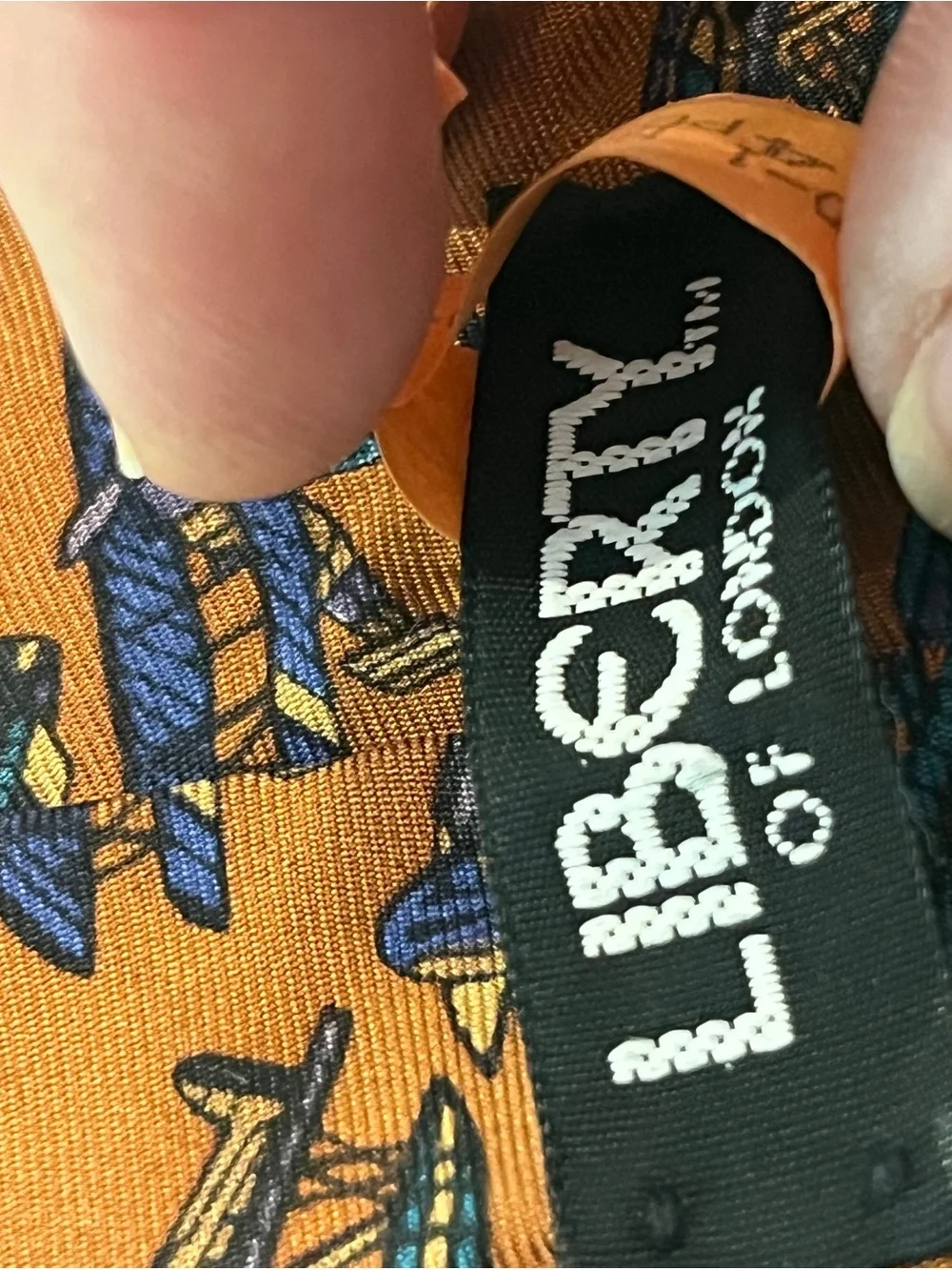 Vintage Liberty of London mustard brown bi-plane print silk Tie. EUC!